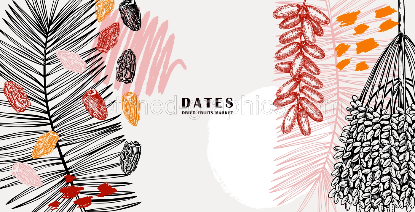 Collage-style background with dates palm leaves and dried fruits sketches. Hand drawn vegan food border design with oriental sweets vector illustrations. Vintage ripe dates trendy design Illustration
